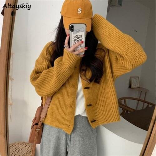 Cardigan Women Cute Horn Button Solid Knitted Warm Spring Autumn Korean Style Casual Fashion Loose All-match Preppy Female Chic