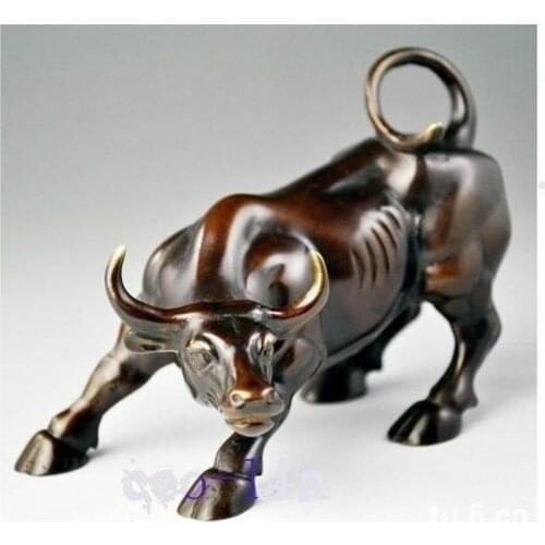 Collection Chinese Brass Carved Animal Zodiac Cattle Hot Big Wall Street Brass Fierce Bull OX Statue