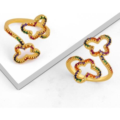 Classic Four-leaf clover Rings For Women Open Adjustable Gold Ring Micro Pave Colorful Zirconia Ring Charm Jewelry rig-h97