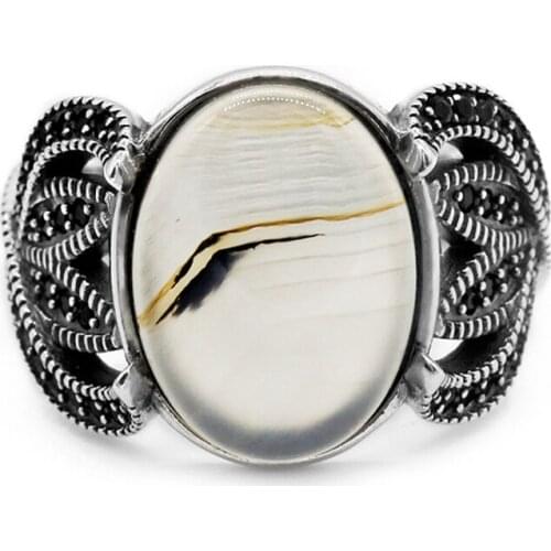 Vintage Mens Ring 925 Sterling Silver Natural Agate Stone Ring & Black CZ Rings for Male Women Turkish Handmade Jewelry Gift