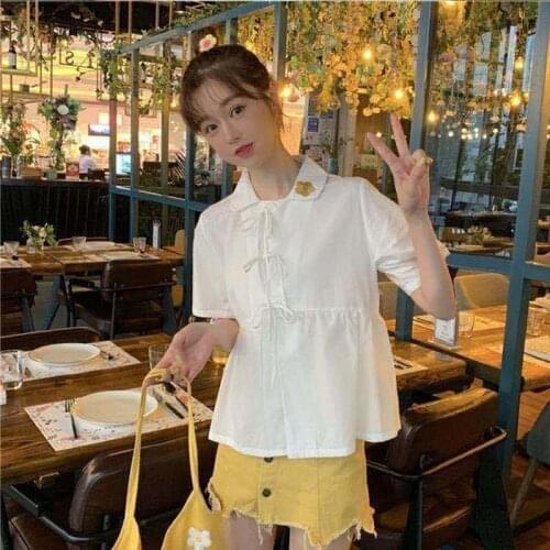 Summer WomenS Blouse Japanese Soft Girl Cute Lolita Blouse Puff Sleeve Doll Collar Lace-Up Sweet Embroidery Flowers Short Shirt