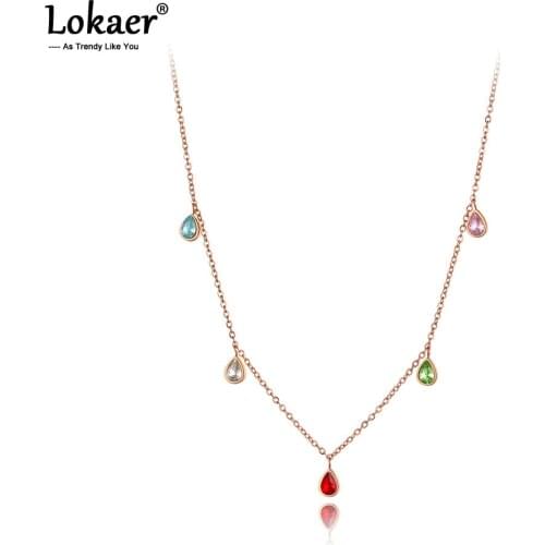 Lokaer Titanium Stainless Steel Colorful Water Drop CZ Crystal Choker Necklaces For Women Girls Bohemia Pendant Necklace N19181