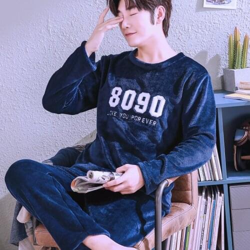 H5747 Autumn Winter Coral Fleece Pajamas Men Long Sleeve Plus Velvet Sleepwear Male Flannel Comfortable Casual Nightwear Suit