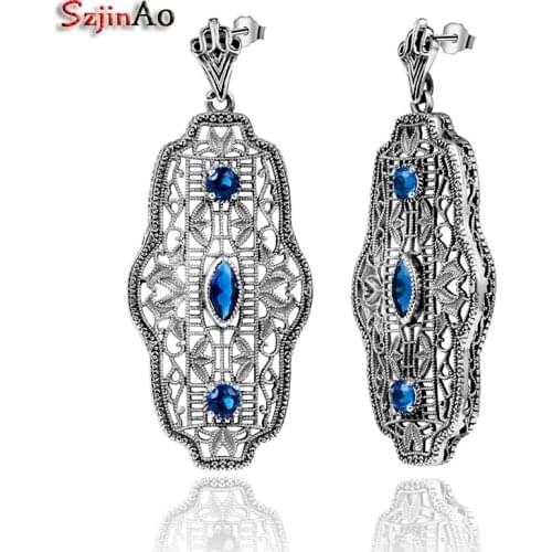 Szjinao Party Sapphire Earrings Lace Vintage Style Bohemian Genuine 925 Sterling Silver Fashion Jewelry For Women Gifts
