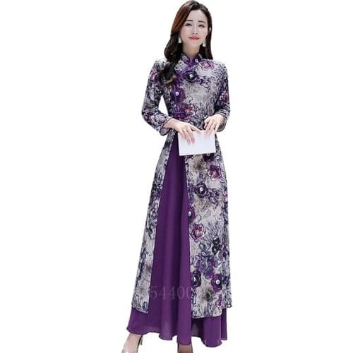 Traditional Vietnam Woman Retro Ao Dai Elegant Chinese Style Cheongsam Vintage Floral Festival Wedding Evening Qipao Dress