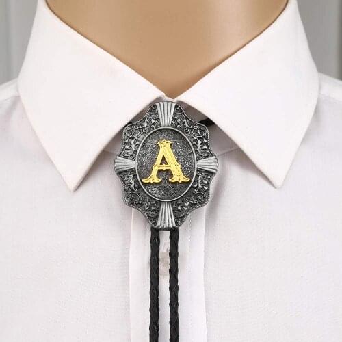 Vintage Gold lettr ABCD-Z bolo tie for man cowboy western cowgirl leather rope zinc alloy necktie