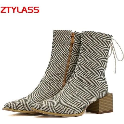 Big Size Womens Shoes 34-45 Fashion Zipper Thick Heel Ankle Boots Women Cross Tied Square Toe Short Boots Autumn Winter Shoes
