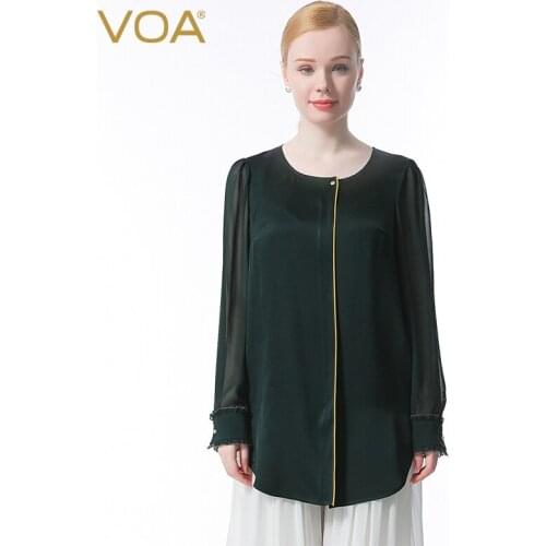 VOA Silk Double-sided Satin 40m/m Green Round Neck Shirt with Long Sleeves and One Button Bump Splicing T-shirt Women BE687
