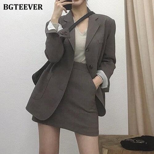 BGTEEVER Vintage Elegant 2 Pieces Skirt Suits Women Single-breasted Blazer & High Waist A-line Mini Skirt Female Blazer Set 2021