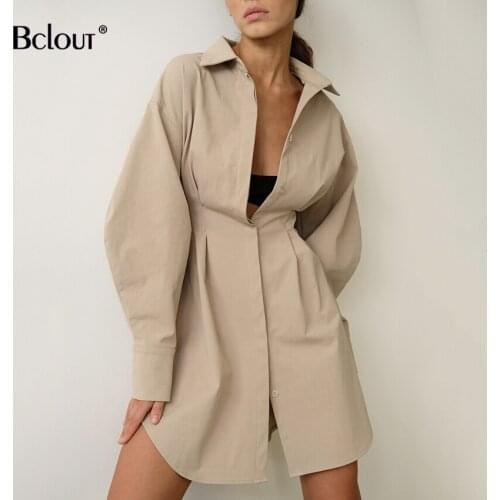 Bclout A-Line Solid Shirt Dress Women Long Sleeve Single Breasted Shirts Sexy Mini Dresses Autumn Casual High Waist Robe Office