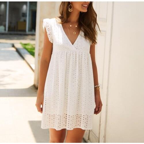 Elegant hollow mini dress sexy V-neck short-sleeved butterfly sleeve lace short A-line dress casual loose summer dress