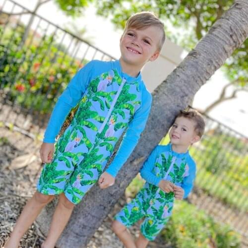 2021 Summer New Children Swimwear Boys Wetsuit Sunscreen Long-Sleeve One-piece zipper Beach Cartoons kids Swimwear
