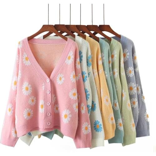Single-breasted V-neck 2021 Womens Plus Size Lazy Style Daisy Jacquard Cardigan Sweater Long Winter Womens Sweaters