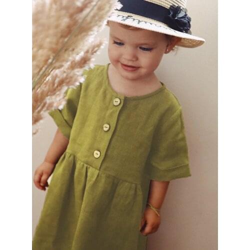 Girls Solid Color Cotton Dress 2020 Summer New Round Neck Short Sleeve Cotton And Linen Stitching Casual Princess Dress TZ02