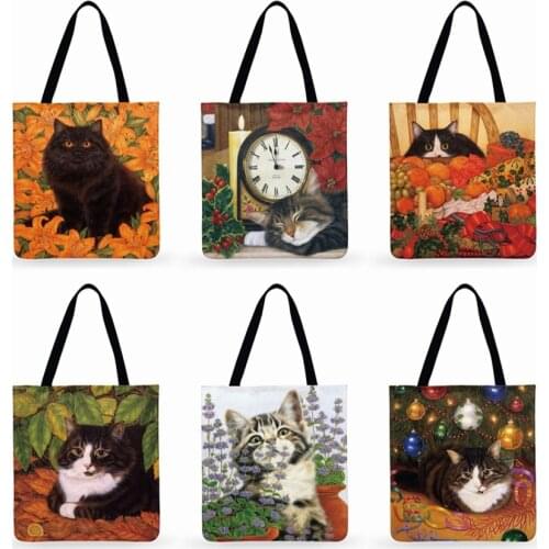 Cartoon Pastoral Cat Casual Tote Linen waterproof Multi-function Fashion Shopping Bag Reusable Ladies Tote Bag Daily Beach Bag