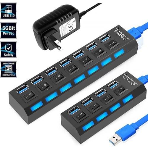 USB 3.0 Hub Portable multiple USB splitter Hub use power adapter 4/7 port multiple expander 2.0 USB 3 hub for PC Mac,with switch