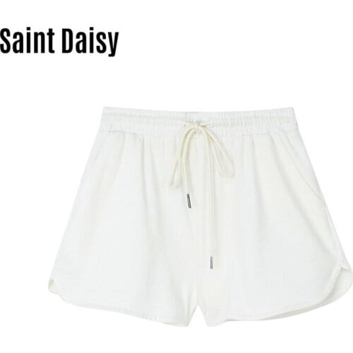 Saintdaisy White High Waist Cotton Shorts Laced Up Biker Running for Women Workout Pockets Casual Solid Drawstring LOOSE 00510