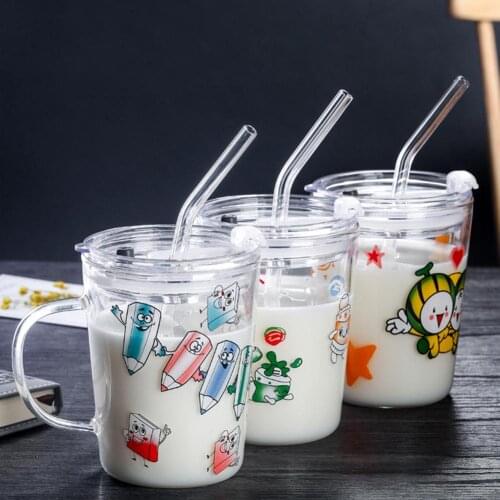350ml Glass Cup with Straw Pencil Luck Watermelon Double Wall Water Milk Tea Glass Cup Mug