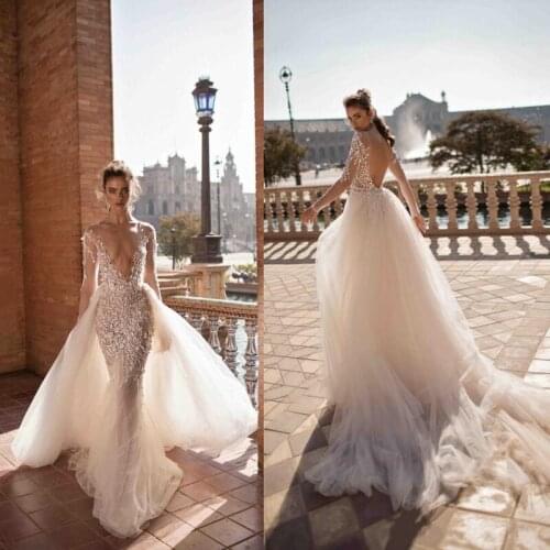 Mermaid Wedding Dresses with Detachable Train Sexy Deep V Neck Backless Long Sleeves Wedding Dress Appliqued Lace Bridal Gowns