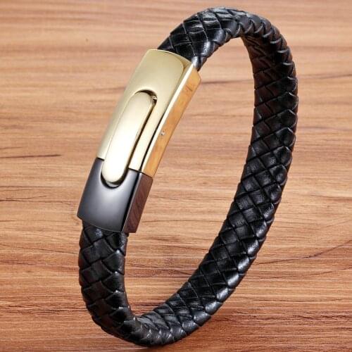 TYO Punk Easy Hook Black Gold Combination Stainless Steel Leather Bracelet For Men Snake Chain Fashion Magnetic Bracelet Gift