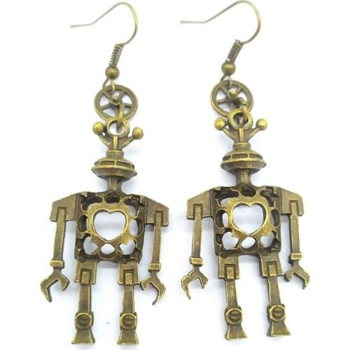 Antique Brass Plated Hollowed Heart Robots Dangle Earrings Women`s Vintage Jewelry