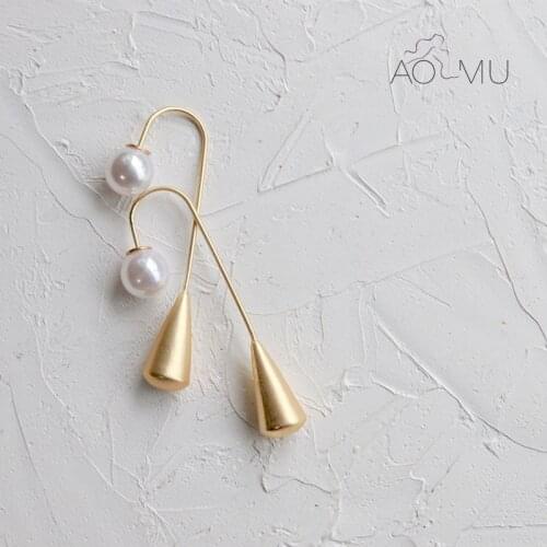 AOMU Korea Design New Elegant Pearl Matte Metal Curved Line Hook Geometric Water Drop Long Dangle Earrings For Women Girl Gift
