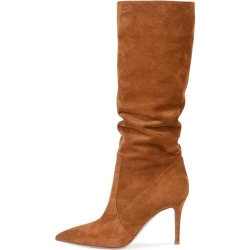 Big Size 45 Brown Suede Leather Women Knee High Boots High Heeled Loose Winter Long Boots Pointed Toe Slip-on Ladies High Boots