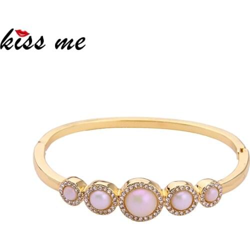 Kissme Exquisite Crystal Imitation Pearl Cuff Bracelets For Women Gold Color Environmental Alloy Bangle 2021 New Fashion Jewelry