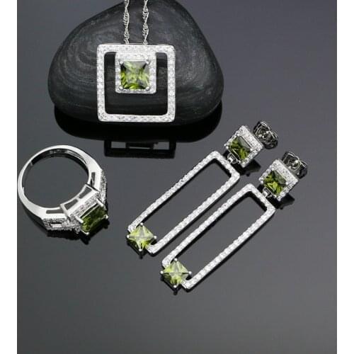 925 Sterling Silver Jewelry Sets For Women Olive Green Cubic Zirconia Earrings Pendant Rings Necklace Silver Jewellery Set