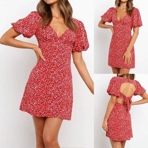 Open back womens casual dress summer new 2021 summer short sleeve print Pullover skirt girl Fairy SAGACE robe été 2021