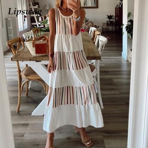 Vintage Striped Loose Long Dress Women Casual 2021 Summer Sleeveless Bohemian Dress Elegant Ladies A-Line Party Dresses Vestidos
