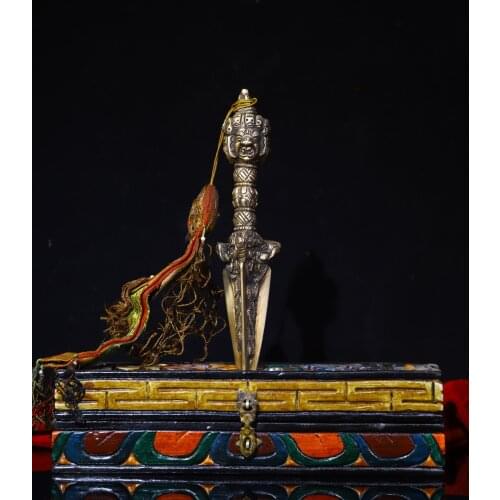 11" Tibet Buddhism Old Bronze Three-sided Mahakala Head Statue Skull Dorje Vajra Phurba Dagger Holder faqi Bodhi root box