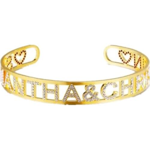 AurolaCo Zircon Letters Bangles Customized Name Bracelet Personalized CustomWomen Men Gold Stainless Steel Jewelry Gifts