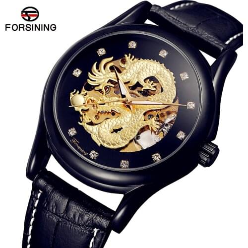 Mens Watches Brand Luxury Diamond Black Gold Automatic Skeleton Clocks 3D Dragon Mechanical Watch Waterproof Relogio Masculino