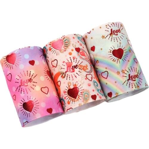 David accessories 3'' 75mm 50yards/roll Cartoon Heart Printed Grosgrain Ribbon Shiny Gold Foil Ribbon DIY Materials,50Yc9108