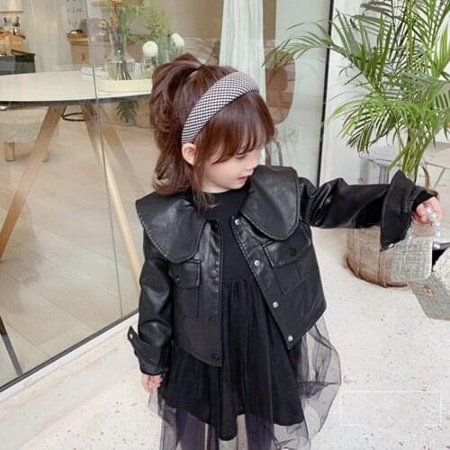 DFXD 2020 Autumn Winter Kids Girl Clothes Set Long Sleeve Mesh Princess Dress+ Faux Leather Jacket Two Piece Outfit Kids Sets