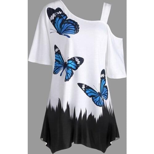 T Shirt Womens Fashion One Shoulder Short Sleeve T-shirt Print Casual Loose Slim Tops Tees Ladies T-Shirts Female Plus Size 3XL