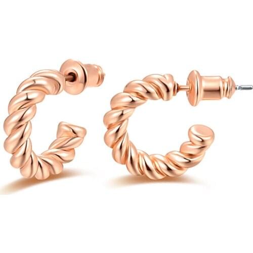 Copper Rose Gold Plated Round C Shape Hoop Earring Twisted Rope Stud Earring For Women Girl Wedding Fashion Jewelry Wholesale