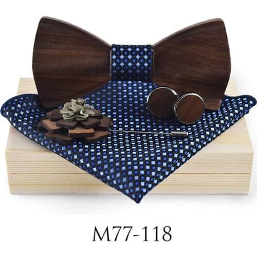 Dropshipping black tie with wood design for men lady 3d walnut wooden bowtie set with brooch cufflinks and kerchief