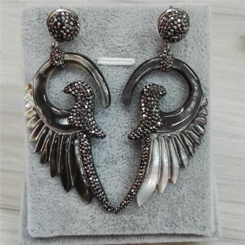 New natural black white caving symmetrical bird angels wig shell pave rhinestone beads charm connectors dangle earring for women
