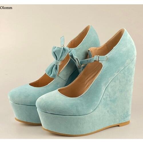 Olomm 2021 Handmade Ladies Spring Pumps High Quality Wedges High Heels Round Toe Sky-Blue Party Shoes Women US Plus Size 5-20