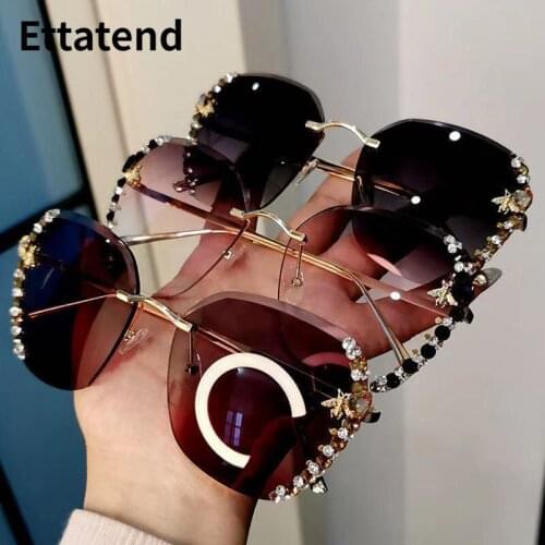 Luxury Designer Bee Sunglasses Women Bling Rhinestone Gradient Lens Sun Glasses Rimless Vintage Eyeglasses Gafas De Sol Mujer