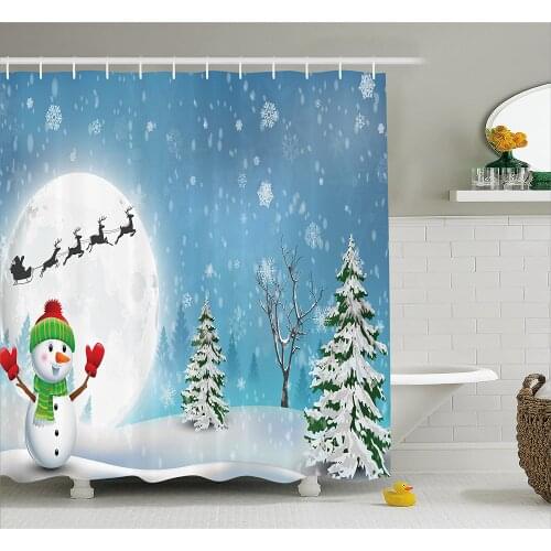Christmas Shower Curtain Jolly Snowman Under Full Moon Waving to Santa Claus with Reindeer Sleigh Kids Fabric Bathroom Decor