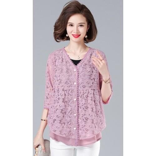 2021 Spring And Summer Fashion New V-Neck Lace Shirt, Half-Sleeved Niche Shirt, Mesh Hollow Air Quality Top 5XL 4XL