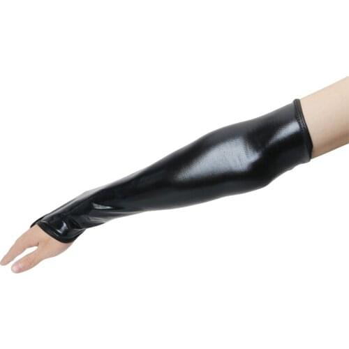 Sexy Long Black Metallic Feel Gloves Synthetic Leather Arm Sleeves Costume New