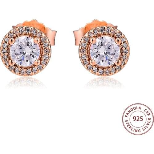 Authentic 925 Sterling Silver Classic Elegance Rose Gold Stud Earrings for Women Wedding Earring Fine Jewelry Gift