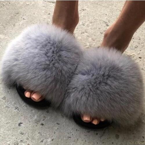 37 Color Fur Slippers Women Real Fox Fur Slides Home Slippers Furry Flat Sandals Outdoor Slippers Fluffy Indoor Shoes Woman 20-1