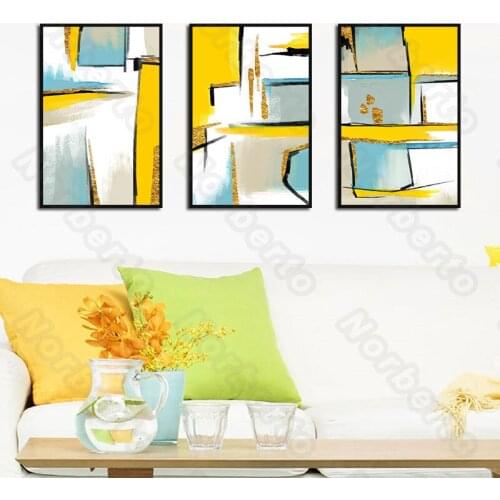 Modern Watercolor Pictures Style Canvas Painting Wall Poster Yellow Golden Blue Grey Colors Mixture for Home Rooms Wall Decorati