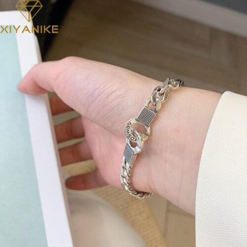 XIYANIKE 925 Sterling Silver Handcuffs Letter Thick Chain Bracelet For Women Retro Punk Jewelry Accessories Party Customized