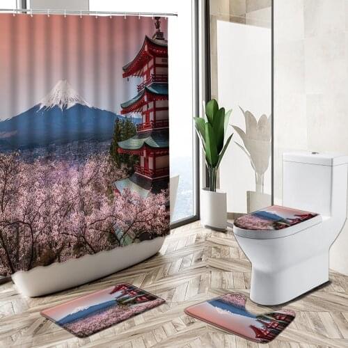 Japan Mount Fuji Scenery Shower Curtain Cherry Blossom Flower Nature Landscape Home Deco Non-Slip Rug Toilet Cover Bath Mat Set